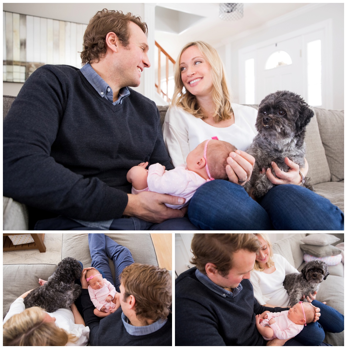 newborn baby photoshoot with family and dog on couch