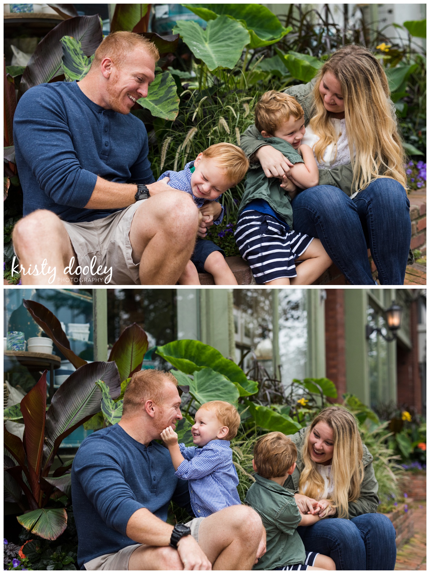 family of four sitting by plants